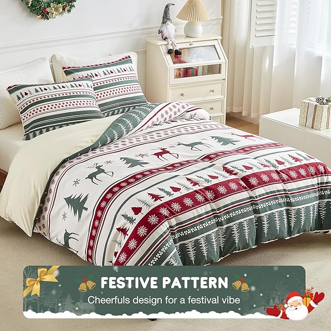Lekesky Christmas Duvet Cover King Size,3 Pieces Reversible Green Christmas Reindeer Snowflake Holiday Bedding Set with Zipper Closure and 8 Corner Ties(1 Duvet Cover 104×90 inches + 2 Pillowcases)