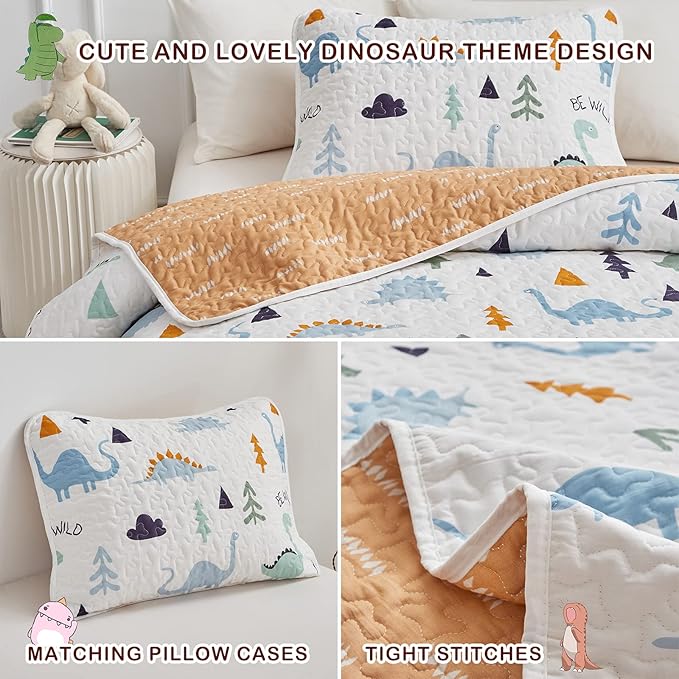 Joyreap 2-Piece Cotton Quilt Set Twin, Cute Dinosaur Reversible Design for Kids Boys n Girls, Breathable Skin-friendly Quilt Bedspread Bed Cover for All Season, 1 Quilt and 1 Pillow Sham- 68x86 inches