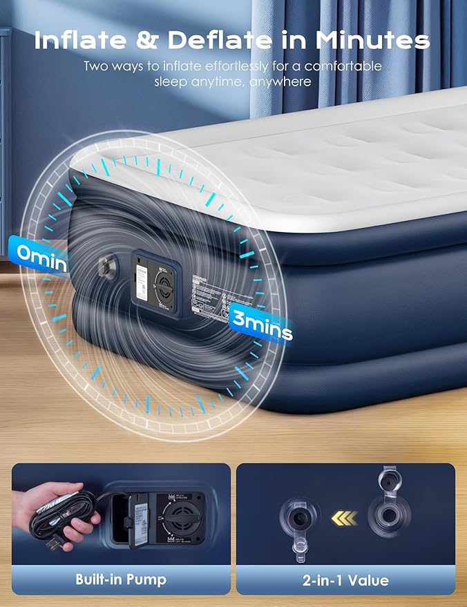 Twin Air Mattress with Built in Pump Raised, 18'' High Inflatable Mattress Electric Blow Up Mattress Fast Blow Up Bed Tall Comfortable Airbed for Camping, Home Guests, Travel w/ Storage Bag 550Lbs Max