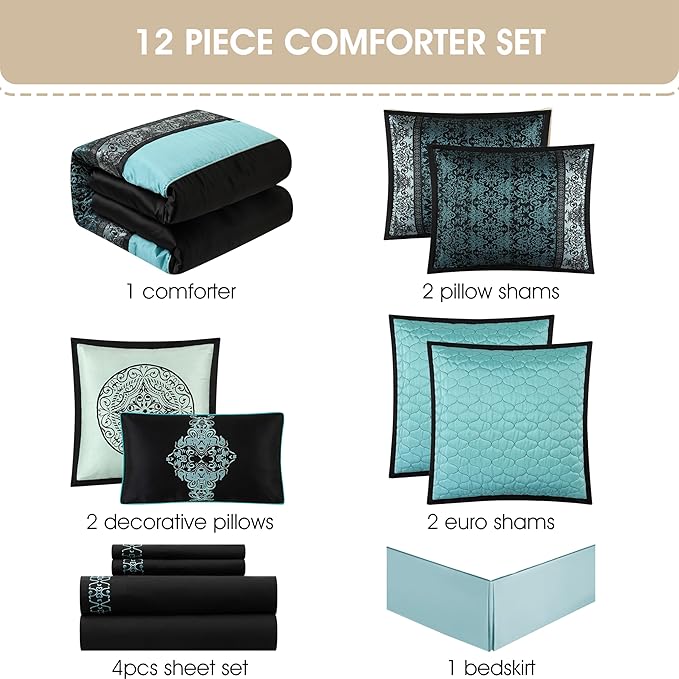 Grand Avenue Black & Teal Comforter Set King Size, Classic Jacquard Bedding Sets, Faux Silk, Premium Microfiber, 12 Pieces Bed in a Bag, Matching Fitted Sheet, Flat Sheet