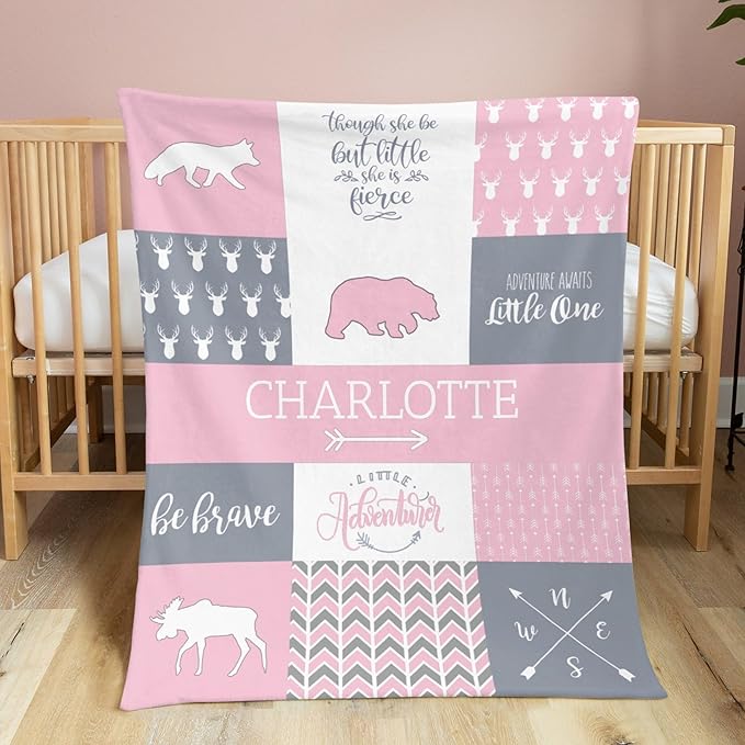 Custom Micro Fleece Baby Blanket for Girls with Double Layer and Soothing Raised Dots, Breathable and Soft Lightweight Receiving Blanket for Newborns, 35x45 Inches, Woodland Bear, Baby Pink