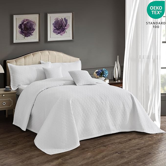 Oversized King Bedspread 128x120 Extra Wide, Modern & Contemporary Look, Lightweight Bedding Cover, Reversible, 5 Piece, 100% Microfiber, Pure White