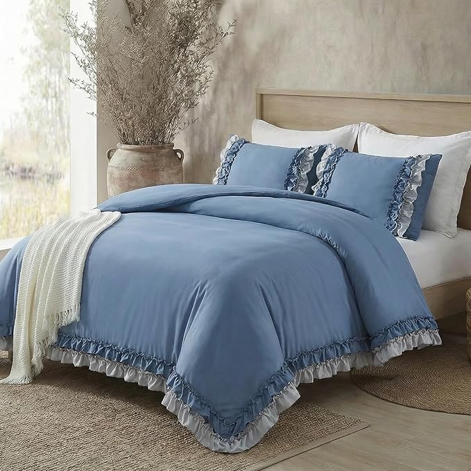 Blue Ruffle Duvet Cover Set Shabby Chic Boho Bedding Queen Elegant Lace Fringe Ruffled Bedding Super Soft Lightweight All Season Duvet Cover with Pillowcases
