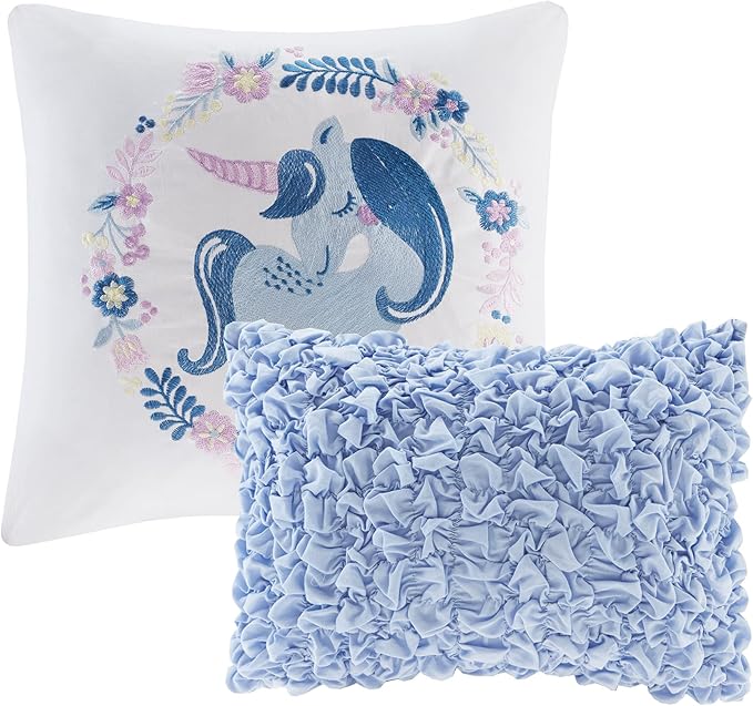 Intelligent Design Kids Reversible Cotton Quilt Set - Vibrant Fun, Playful Print, All Season Children Bedding Coverlet Bedspread, Decorative Pillow, Bedroom Décor, Full/Queen, Cloud Blue 5 Piece