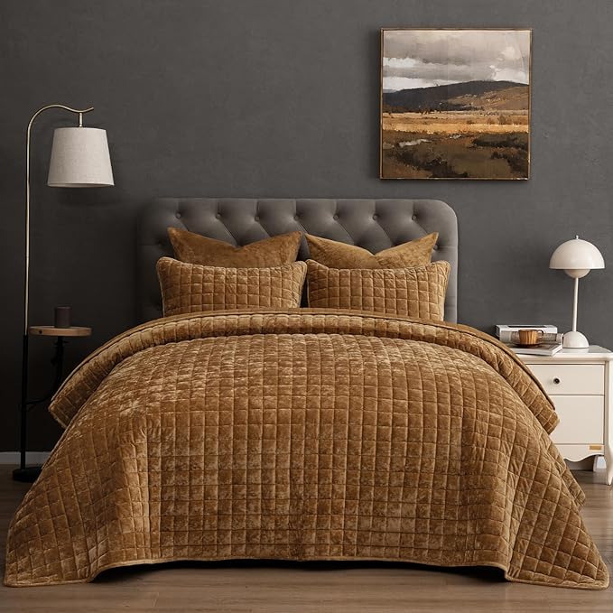 PHF Luxurious Velvet Quilt Set King Size – 3PCS Super Soft Quilted Comforter Alternative with Square-Box Quilt Pattern, Warm Quilted Bedspread Coverlet, 108" x 92", Rusty Burnt Orange