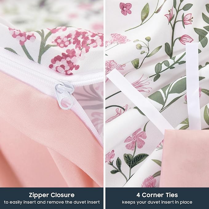 Wake In Cloud - Floral Duvet Cover Set, Shabby Chic Cottage Garden Botanical Flower Style with Elegant Wildflower Pattern, Soft Lightweight Bedding, 3 Pieces, Pink White, Queen Size