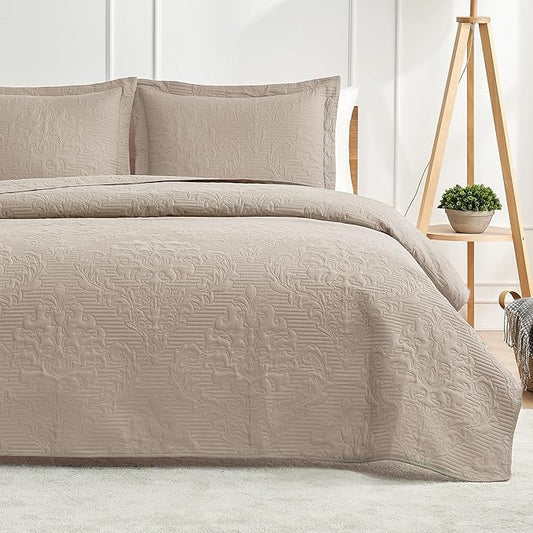Hansleep Taupe Quilt King Size - Damask Ultrasonic All Season Bedspread King, Soft Lightweight Coverlet Bedding Set, 3 Piece (1 Quilt, 2 Pillow Shams)