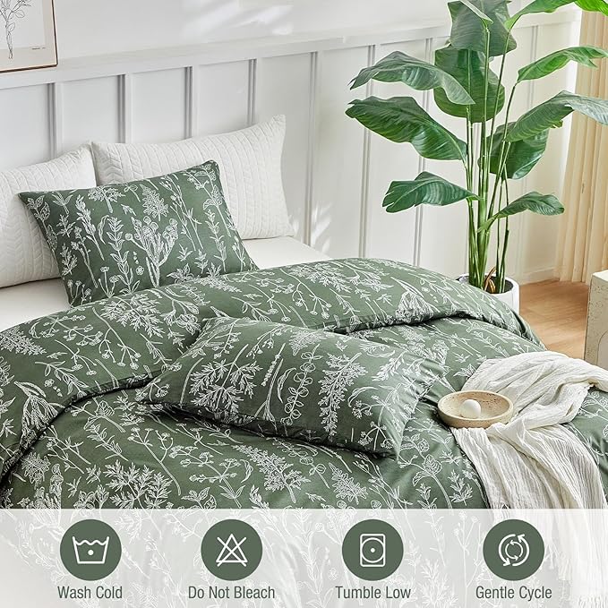Lekesky Floral Duvet Cover Queen Size, Army Green Queen Duvet Cover with Plant Flowers Pattern,Soft Microfiber Breathable Bedding Set with Zipper & Corner Ties for All Season