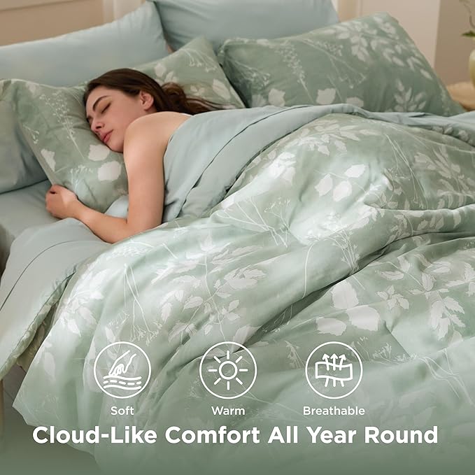 Bedsure California King Comforter Set - 7 Pieces Floral Sage Green Bedding Sets, Cal King Bed in a Bag with Botanical Flowers Comforter, Sheets, Pillowcases & Shams