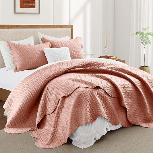 IR Imperial Rooms King Quilt Bedding Set Size (106" x 96") + 2 Pillow Shams (20" x 36"+ 2") - 3 Pcs All Season Lightweight Reversible Microfiber Coverlet Embossed Quilt Bedspread (Peach/Baby Pink)