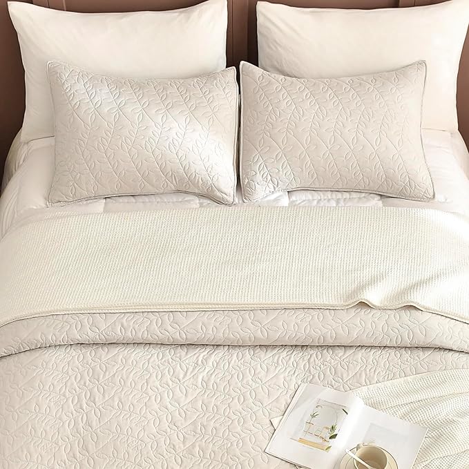 Lady Ann Oversized King Bedspreads Set for 120x120 Extra Bed, Wheat Leaves Print Summer Lightweight California King Quilt Coverlet Ultra Soft Luxurious Thin Comforter Bed Cover