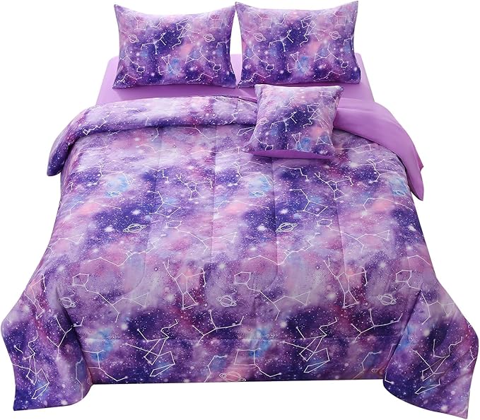 JQinHome Full Gradient Galaxy Comforter Set for Girls,6 Piece Bed in A Bag 3D Colorful Tie Dye Constellation Print Ombre Bedding Set with Pillowcase, Flat & Fitted Sheet,Cushion Cover(Purple)