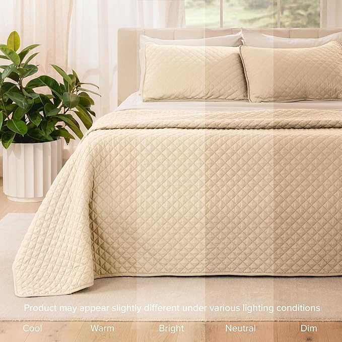 Bare Home Coverlet Set - Full/Queen - Lightweight Bed Decor - Comforter Alternative - All-Season Quilted Bedspread (Full/Queen, Sand)