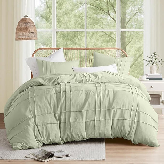 Comfort Spaces Sage Queen Size Duvet Cover Set - 3 Pieces Pintuck Pleated Duvet Cover, All Season Lightweight, Extra Softness Pre-Washed Microfiber Bedding Cover Shams, Full/Queen