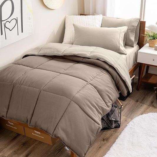 Bare Home Reversible Bed-in-A-Bag Comforter & Sheet Set - Twin - Down Alternative - Soft - Bedding Set (Twin, Taupe/Sand, Sand)