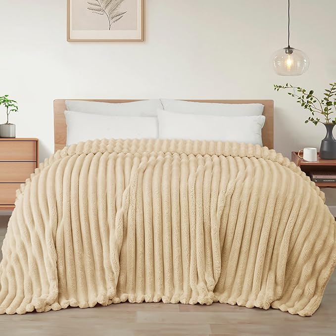 Exclusivo Mezcla Twin Size Flannel Fleece Blanket, Super Soft Striped Jacquard Bed Blanket, Lightweight Fuzzy Cozy for All Seasons, 60x80 Inches, Beige