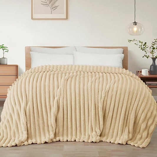 Exclusivo Mezcla Twin Size Flannel Fleece Blanket, Super Soft Striped Jacquard Bed Blanket, Lightweight Fuzzy Cozy for All Seasons, 60x80 Inches, Beige