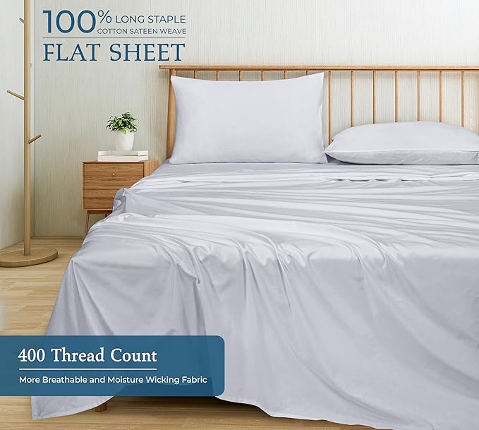 400 Thread Count 100% American Grown Cotton Flat Sheet - Cooling Sheets - Full Sheets - Luxury Sateen Weave - Full Flat Sheet Sold Separately - Soft Silver Flat Sheet Only (Full, Spanish Silver)