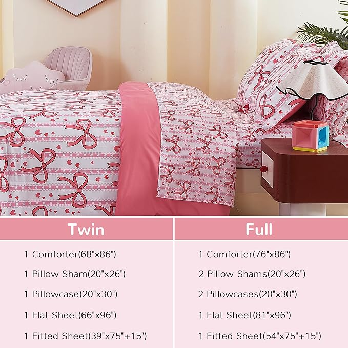 Viviland Kids Twin Bedding Sets for Girls, Soft Twin Comforter Set with Sheets, 5 Pieces Microfiber Bed in a Bag, Pink Bow