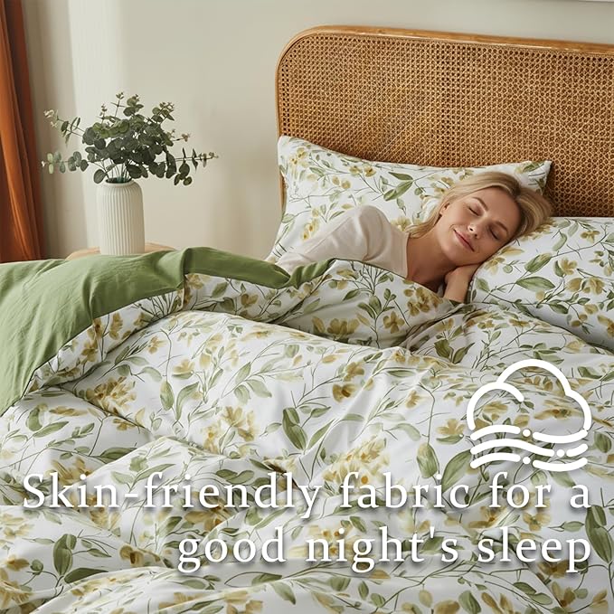White Green Floral Duvet Cover Set King Size Farmhouse Bedding Set Microfiber Soft Cozy Reversible Comforter Cover Alternative Down Pillowcases Cottage Bedrooms Garden Aesthetic Home Bedding Décor
