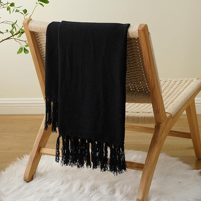 Battilo Black Solid Knit Throw Blanket for Couch and Bed, Soft Textured Plush Blanket, Cozy Lightweight Decorative Blanket for Sofa, 50"x60"