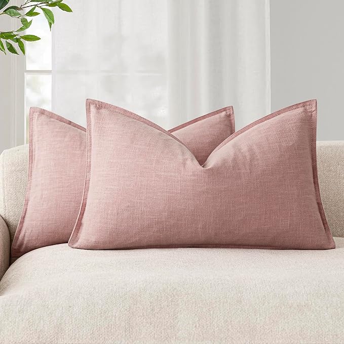 Foindtower Pack of 2, Decorative Linen Soild Throw Pillow Covers Accent Lumbar Cushion Case Farmhouse Pillowcase for Chair Couch Sofa Bedroom Living Room Home Decor 12 x 20 Inch Rose Pink