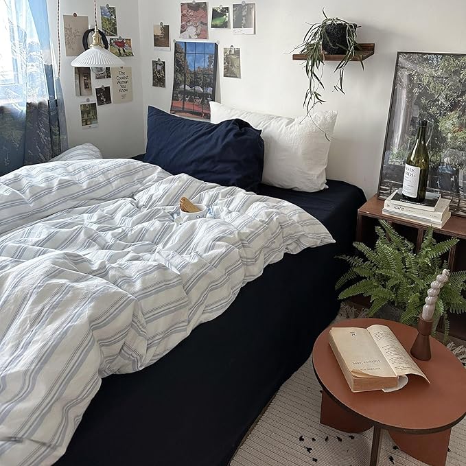 mixinni Vintage Blue & White Striped Duvet Cover Set - 3 Piece 100% Washed Cotton Twin XL Size Bedding | Minimalist Relaxed Style | Ultra Soft Breathable, with Zipper Closure & Corner Ties