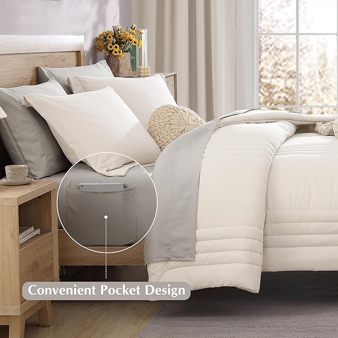 Monbix King Size Comforter Set - 7 Pieces Bed in a Bag King, Snow White Bedding Sets with Comforter, All Seasons Comforter Bed Set with Sheets, Pillowcases & Shams