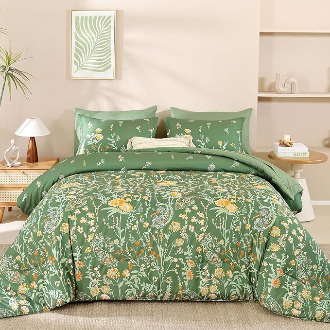 Yiran 7 Piece Sage Green Floral Comforter Set Queen Size, Watercolour Botanical Comforter Bedding Set, Bed in a Bag Queen, Soft Microfiber Complete Bedding Set with Sheets for All Season