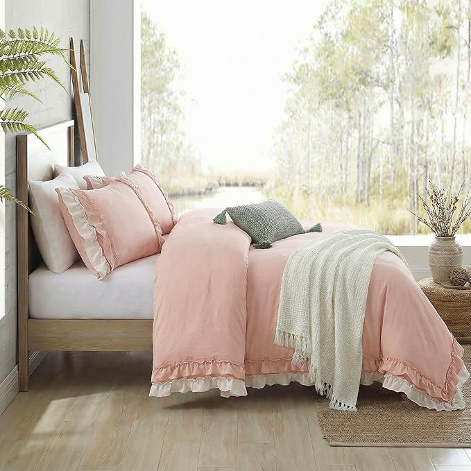 Bedorm Ruffle Duvet Cover King Coquette Bedding Ultra Soft Breathable Shabby Chic Bedding Pink Ruffled Duvet Cover Set Cute Comforter Cover