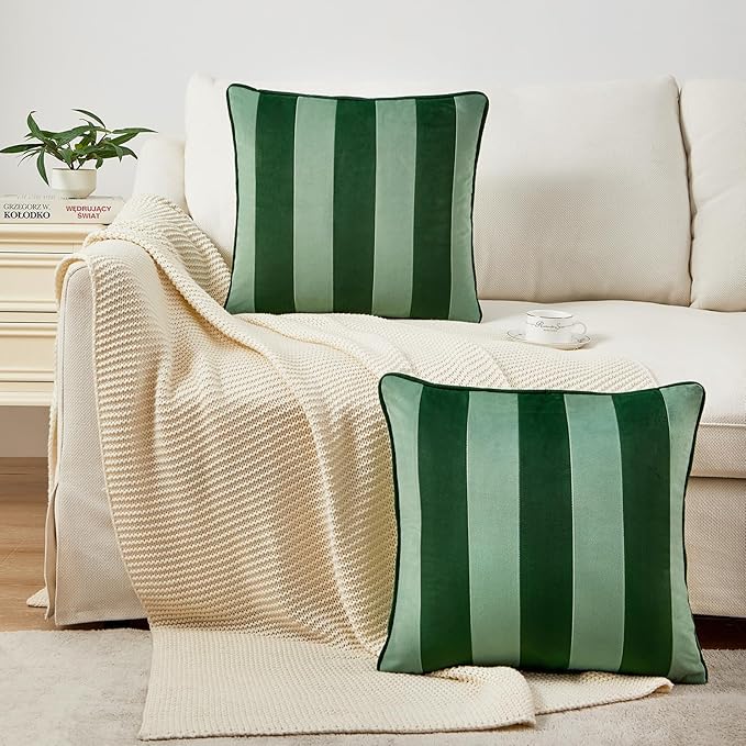 MONDAY MOOSE Decorative Throw Pillow Covers Cushion Cases, Set of 2 Soft Velvet Striped Piping Edge Designs, Pillow Inserts Not Included (16x16 inch, Green/Light Green)