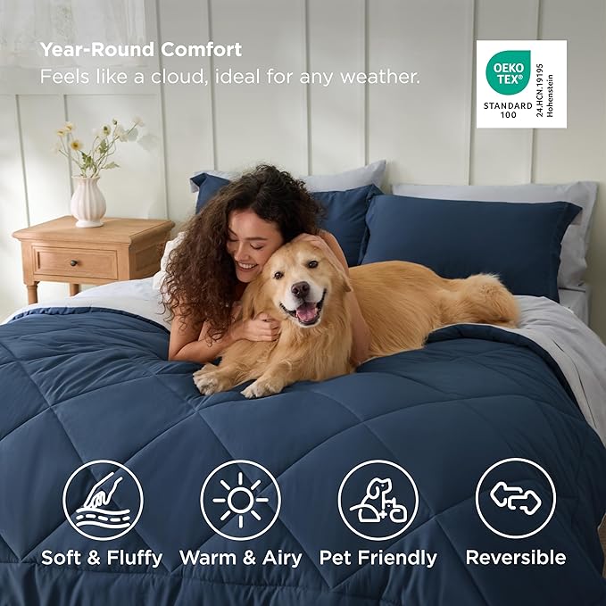 Bedsure Twin Comforter Set - 5 Pieces Reversible Navy Bedding, Twin Size Bed Set for All Seasons, Bed in a Bag with Down Alternative Comforter, Sheets, Pillowcase & Sham