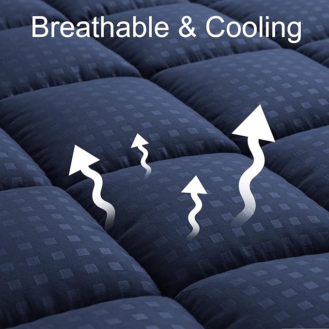 HYLEORY Full Mattress Pad Quilted Fitted Mattress Protector Cooling Pillow Top Mattress Cover Breathable Fluffy Soft Mattress Topper with 8-21" Deep Pocket, Navy
