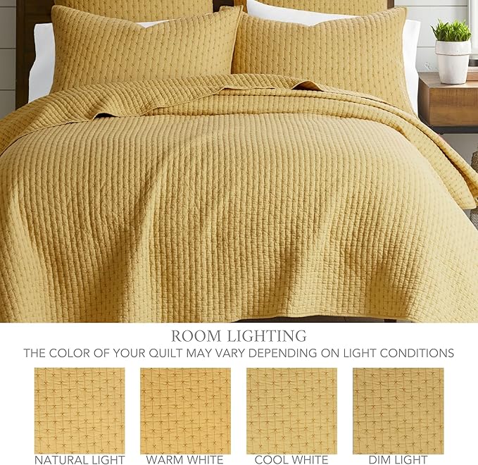 Levtex Home Cross Stitch Reversible Queen Bedspread Set (104x106in) with 2 Pillow Shams (26x20in) - Stitch Texture - Ochre - Cotton Queen Size Bedspread Set - Lightweight, Soft, Pre-Washed