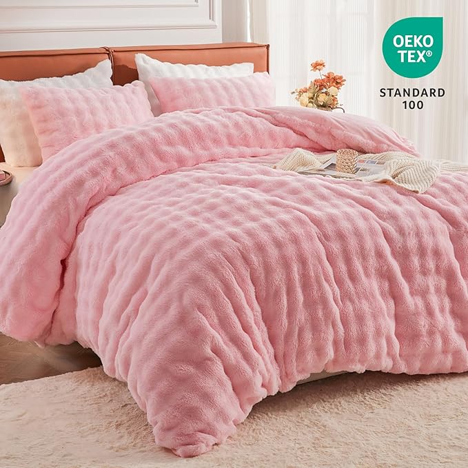 EMME Faux Fur Duvet Cover King Size, 3 Pieces Ultra Soft Fluffy Comforter Cover, Cozy Warm for Winter, Luxury Elegant Shaggy Bubble Design Bedding, 1 Duvet Cover & 2 Pillow Shams (King, Pink)