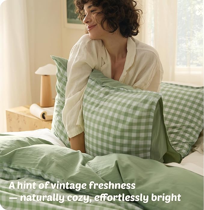 Bedsure Gingham Duvet Cover Queen Size,100% Washed Cotton Duvet Cover Linen Like Textured, Classic Yarn-Dyed Checkered Pattern Enhances Bedroom Comfort and Style, Gingham Sage Green, 90"x90"
