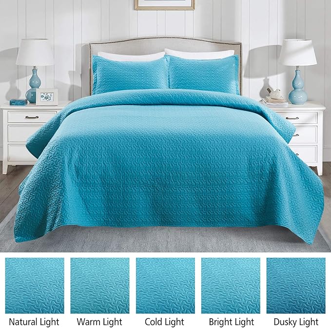 JML Quilts Set, Bedspread Coverlet Set with Pillowcases - 3 Piece Soft and Lightweight Bed Quilt for Spring, Autumn and Summer (Embossed Stripe - Turquoise, Full/Queen(88"x92"))
