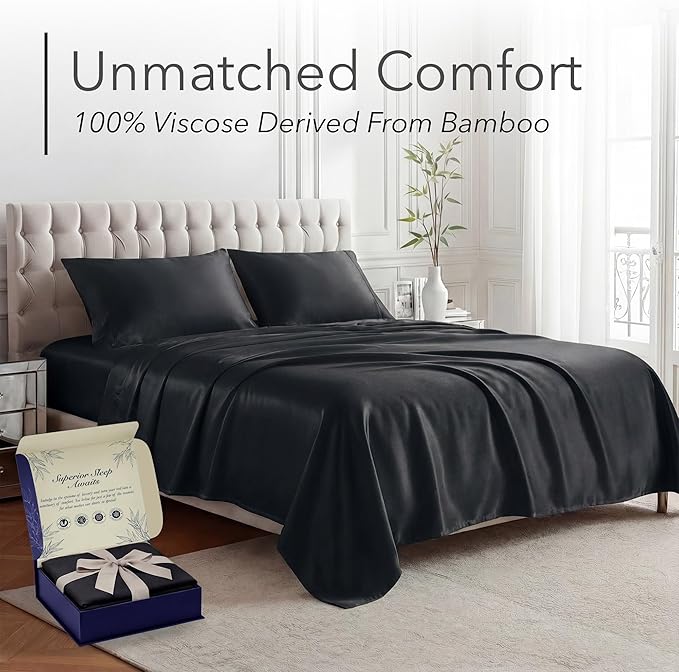DECOLURE 100% Viscose Derived from Bamboo Sheets Full Size - Luxury 4 Pc Naturally Cooling Sheets, Ultra Soft Bed Set - Deep 17" Pockets, Durable Double Stitching, Oeko Tex Standard (Black)