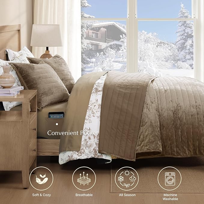 WRENSONGE Velvet King Size Quilt Set-3 Pieces Taupe Oatmeal Luxurious Velvet Striped Channel Comforter with 2 Shams, Soft Bedspread Coverlet Quilted Bedding Set for All Season