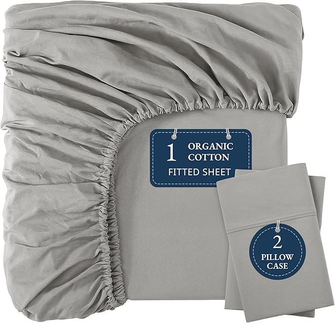 LANE LINEN 100% Organic Cotton Fitted Sheet Full Size, 3Pc Set (1 Fitted Sheet, 2 Pillowcases), Percale Weave, Full Bed Fitted Sheets, Breathable, Fits Mattress Upto 15' Deep - Silver(No Flat Sheet)