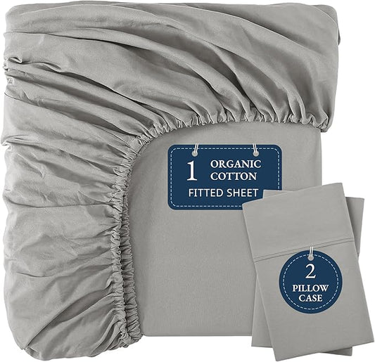 LANE LINEN 100% Organic Cotton Fitted Sheet Full Size, 3Pc Set (1 Fitted Sheet, 2 Pillowcases), Percale Weave, Full Bed Fitted Sheets, Breathable, Fits Mattress Upto 15' Deep - Silver(No Flat Sheet)