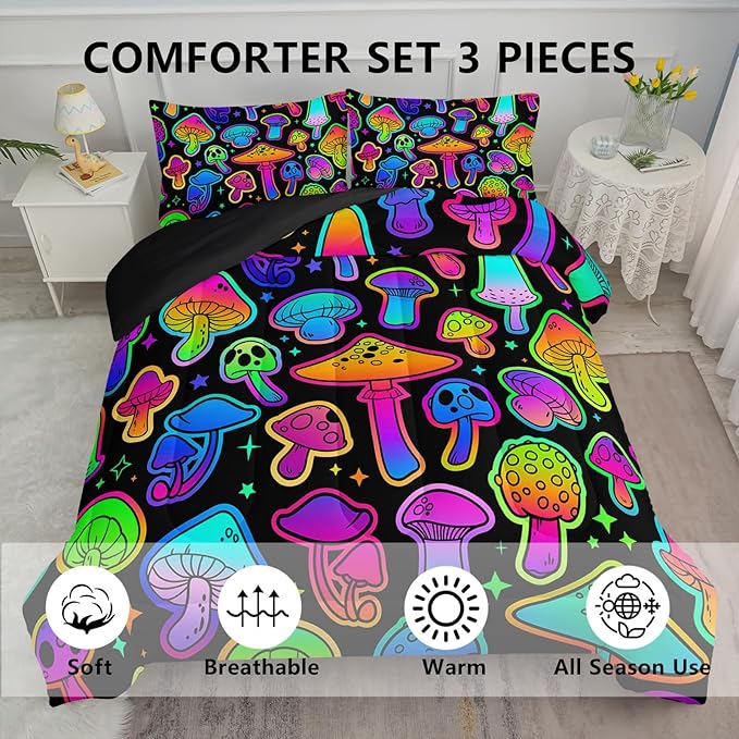 Mushroom Comforter Set Kids Bedding Set Full,3Pcs Colorful Soft Black Gradient Mushroom Quilt Set Bed in A Bag with 1 Comforter 2 Pillowcases for Kids Boys Girls Teens Adults Room Decor All Season