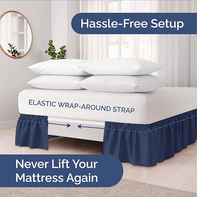 Wrap Around Dust Ruffle Bed Skirt - Navy Blue - for Queen Size Beds with 21 Inch Drop - Elastic Strap - Adjustable Pleated Bedskirt with Brushed Fabric and Wrinkle Free - for Women, Men, Kids & Teens