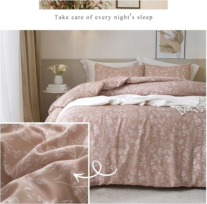 Twin Duvet Cover Floral 100% Cotton Girls Aesthetic Bedding Set Botanical Flowers Comforter Cover Twin with 2 Pillowcases Garden Style Chic Floral Bedding Duvet Cover Set Cottagecore,Mauve Brown