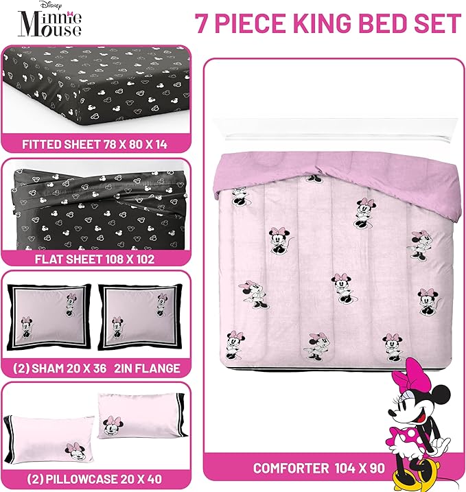 Jay Franco Kids Comforter Set Includes Sheets and Pillow Covers - Soft and Cozy Bed Set for Stylish Room Decor, Official Licensed Bedding, Multi - Minnie Mouse, 7 Piece King