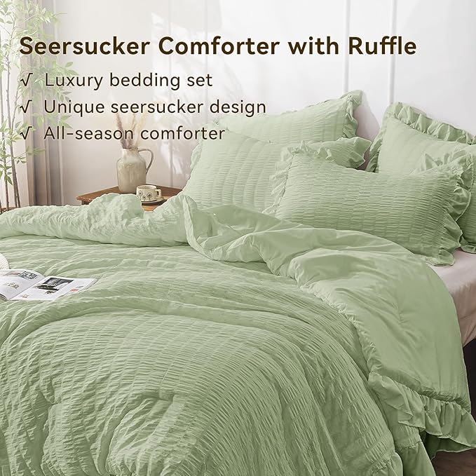 JOLLYVOGUE Sage Green Queen Comforter Set, 3 Pieces Seersucker Comforters Queen Size, Lightweight & Fluffy Bedding Sets Queen for All Season with 1 Ruffle Comforter and 2 Ruffle Pillowshams