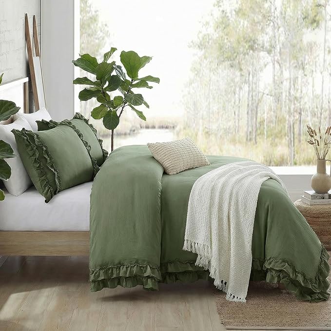 Avocado Green Duvet Cover Queen Ruffled Bedding Set Pleated Ruffle Fringe Shabby Chic Bedding Super Soft Cozy Boho Bedroom Bedding for All Season