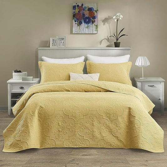 CHIXIN Quilt Queen Size - Damask Paisley Bedspread Coverlet Set - Classic & Gorgeous Style Bedding Cover, Ultrasonic Quilting, Reversible, Lightweight, 4 Piece, Honey Gold