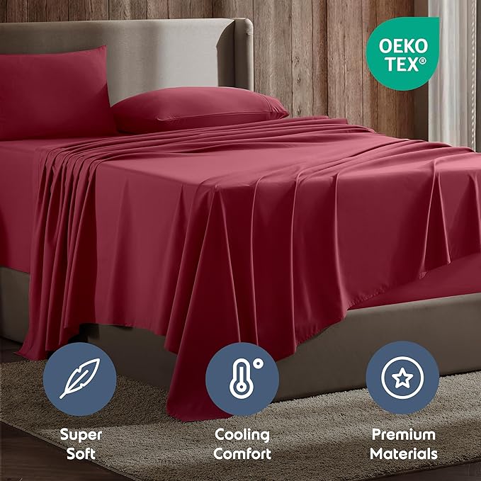 Nestl King Sheet Set - Luxury 1800 Ultra-Soft Microfiber King Bed Sheets - Double Brushed - Deep Pockets - Easy Fit - 4 Piece Set - Bedding Sheets & Pillowcases (King, Burgundy Red)