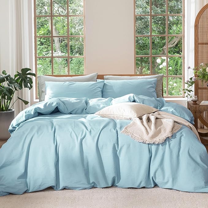 MooMee Bedding Duvet Cover Set 100% Washed Cotton Linen Like Textured Breathable Durable Soft Comfy (Heathered Light Blue, King 104"x90")